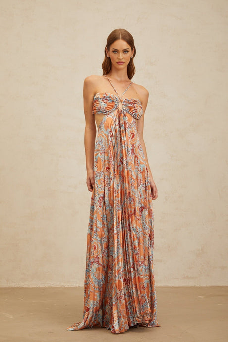 Makayla Maxi Dress - Floral Print - Cross - Back - Cut - Out - Pleated