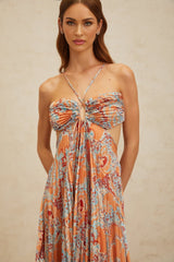 Makayla Maxi Dress - Floral Print - Cross - Back - Cut - Out - Pleated