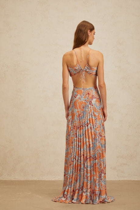 Makayla Maxi Dress - Floral Print - Cross - Back - Cut - Out - Pleated