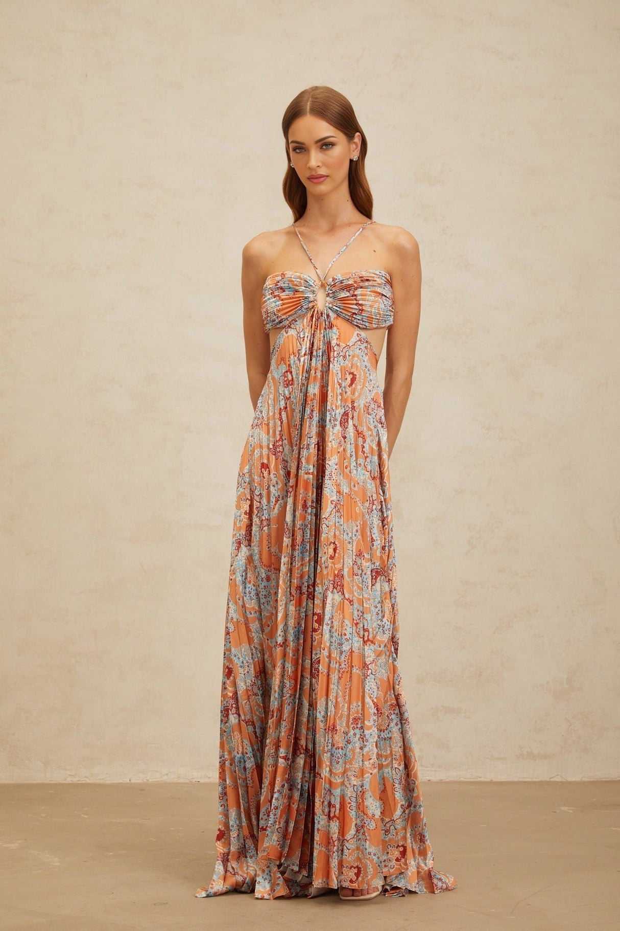 Makayla Maxi Dress - Floral Print - Cross - Back - Cut - Out - Pleated