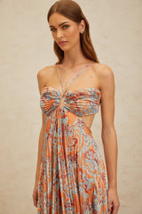 Makayla Maxi Dress - Floral Print - Cross - Back - Cut - Out - Pleated