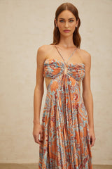 Makayla Maxi Dress - Floral Print - Cross - Back - Cut - Out - Pleated