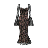 Makayla Maxi Dress - Long Sleeve Black Lace with Square Neck and Flared Cuffs