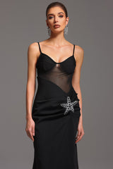 Malaya Black Starfish Embellished Slit Mesh Bodice Dress