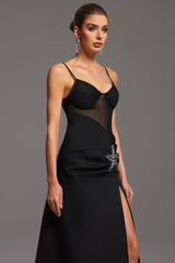 Malaya Black Starfish Embellished Slit Mesh Evening Dress