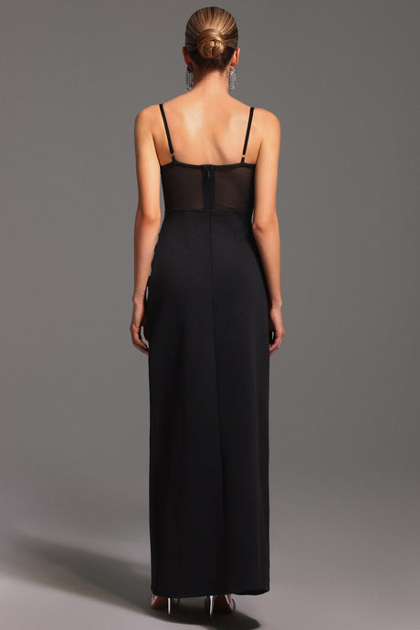 Malaya Black Starfish Embellished Slit Mesh Evening Dress