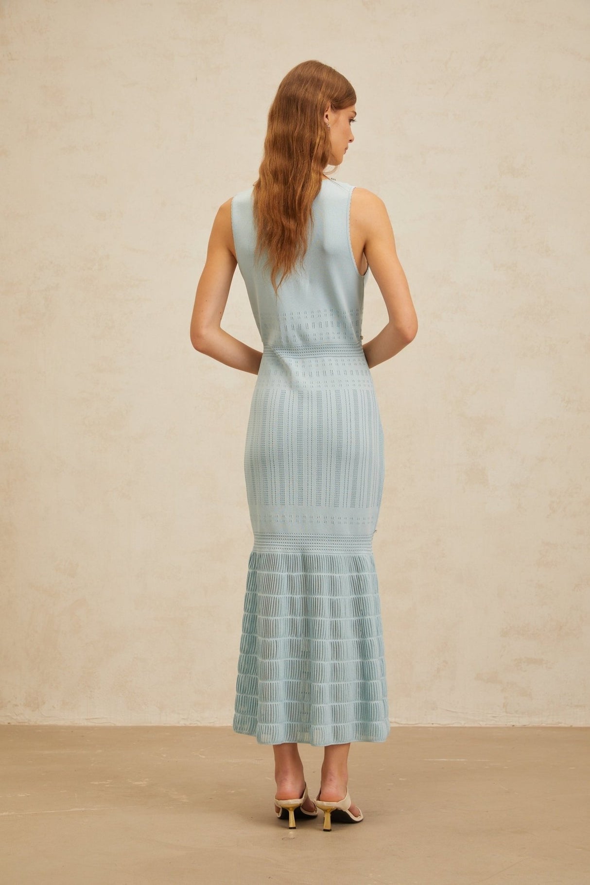 Malaya Maxi Dress - Blue Rhinestone Embellished - Pointelle Trim - Fitted Waistline