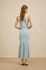 Malaya Maxi Dress - Blue Rhinestone Embellished - Pointelle Trim - Fitted Waistline