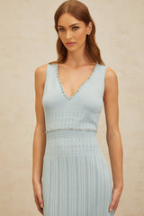 Malaya Maxi Dress - Blue Rhinestone Embellished - Pointelle Trim - Fitted Waistline