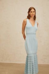 Malaya Maxi Dress - Blue Rhinestone Embellished - Pointelle Trim - Fitted Waistline
