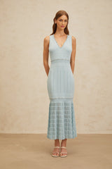 Malaya Maxi Dress - Blue Rhinestone Embellished - Pointelle Trim - Fitted Waistline