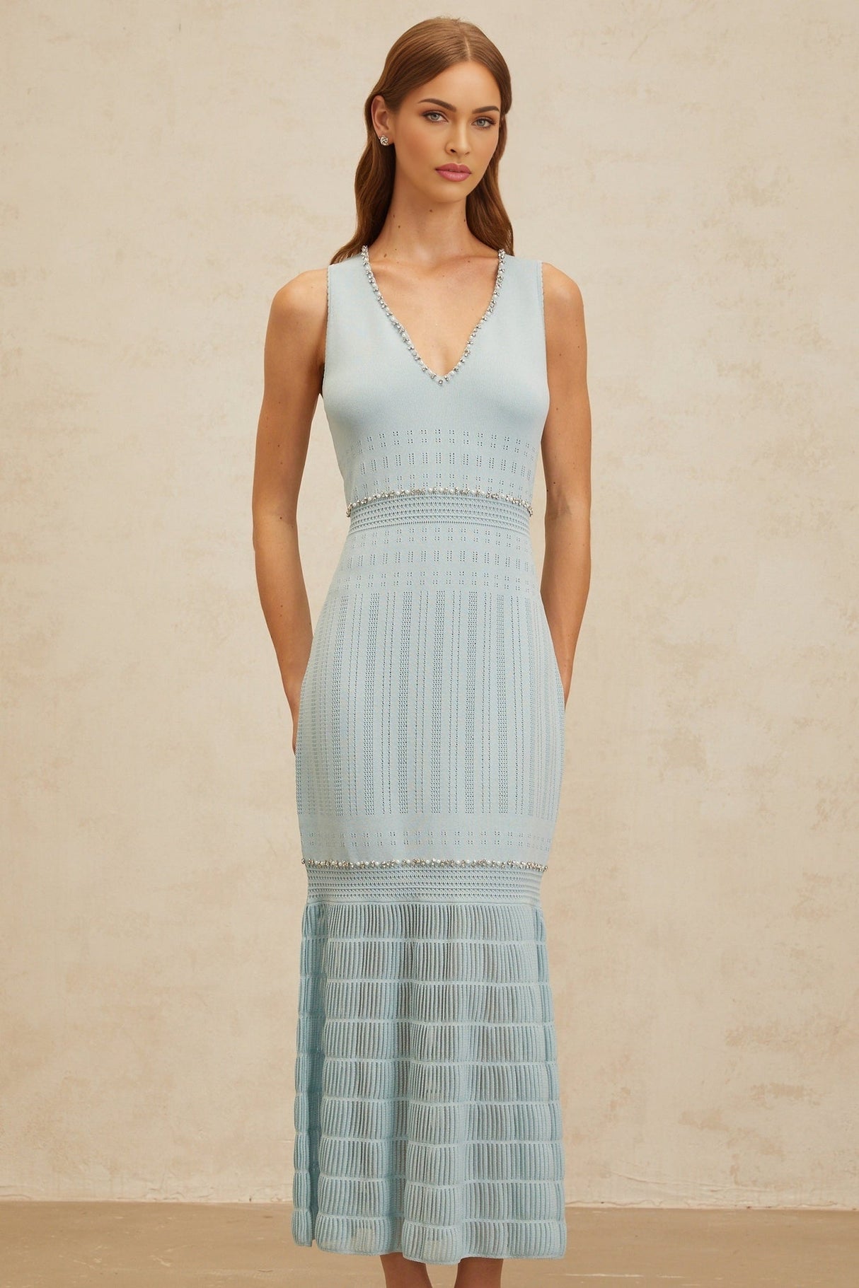 Malaya Maxi Dress - Blue Rhinestone Embellished - Pointelle Trim - Fitted Waistline