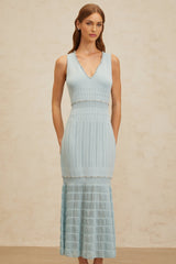 Malaya Maxi Dress - Blue Rhinestone Embellished - Pointelle Trim - Fitted Waistline