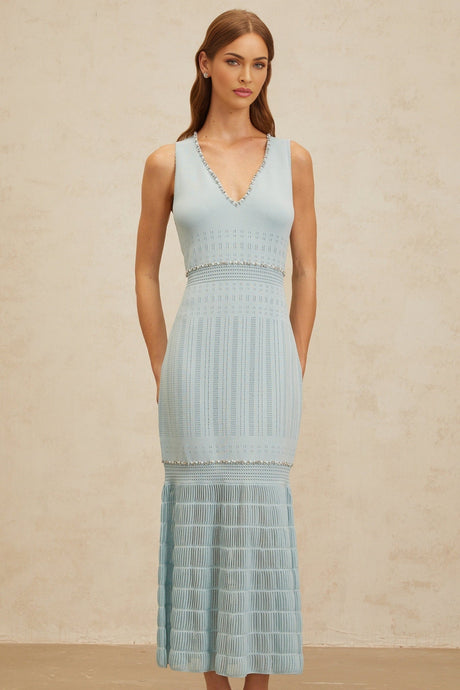 Malaya Maxi Dress - Blue Rhinestone Embellished - Pointelle Trim - Fitted Waistline