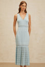 Malaya Maxi Dress - Blue Rhinestone Embellished - Pointelle Trim - Fitted Waistline