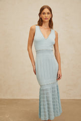 Malaya Maxi Dress - Blue Rhinestone Embellished - Pointelle Trim - Fitted Waistline