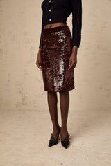 Malaya Skirt Brown Sequin ALine Midi & Side Zip Hem
