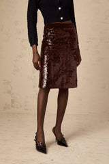 Malaya Skirt Brown Sequin ALine Midi & Side Zip Hem