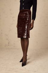 Malaya Skirt Brown Sequin ALine Midi & Side Zip Hem