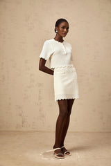 Malaya Top & Skirt Set Cream - White Ruffled Pointelle Knit Matching