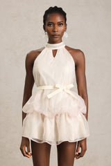 Malia Cream Halter Neckline Ruffle Dress with Pearl Detailing and Bow Waist