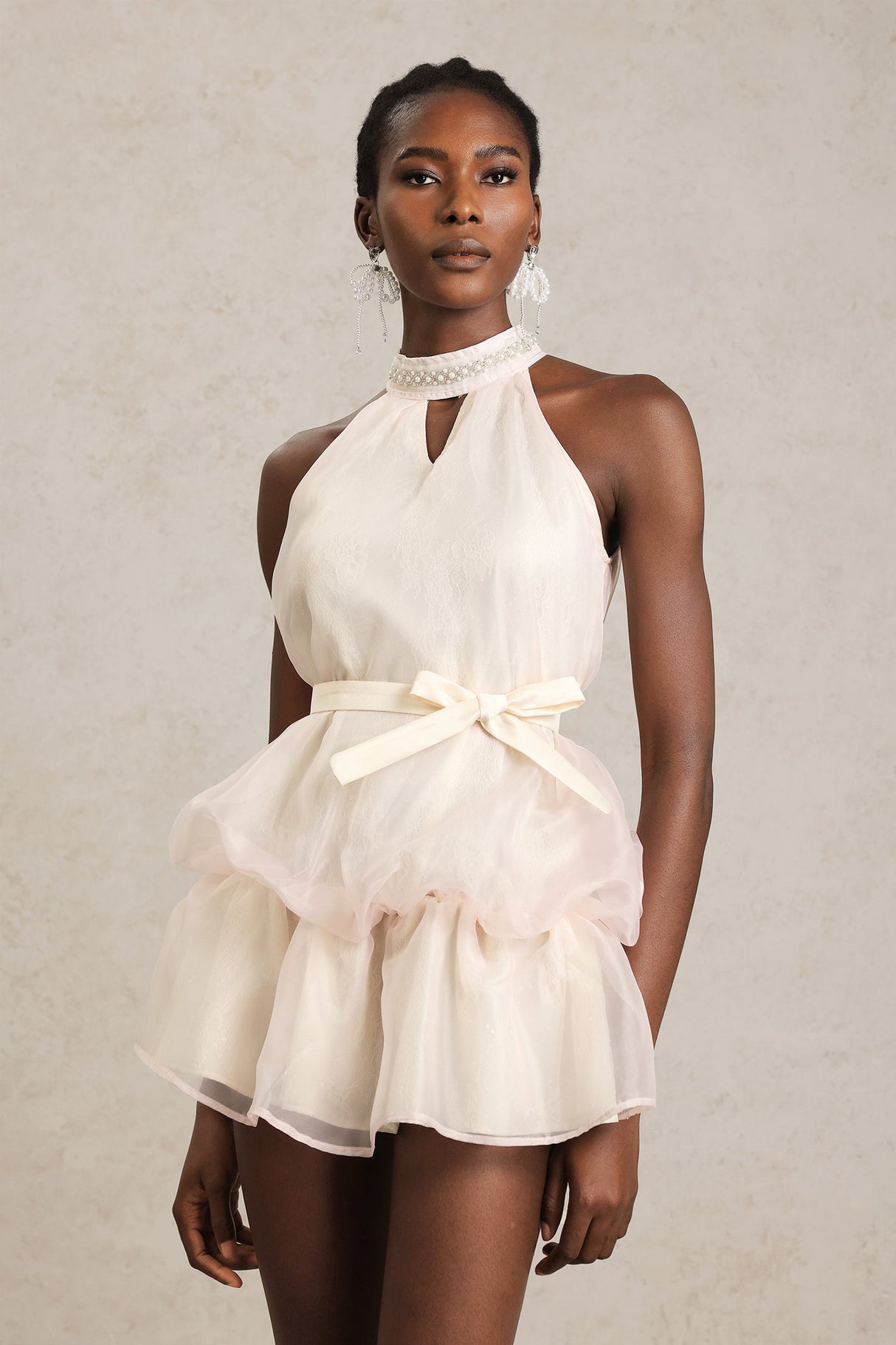 Malia Cream Halter Neckline Ruffle Dress with Pearl Detailing and Bow Waist