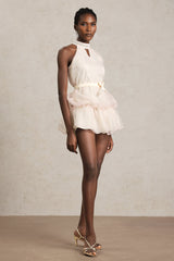 Malia Cream Halter Neckline Ruffle Dress with Pearl Detail and Bow