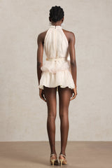 Malia Cream Tiered Ruffle Halter Dress with Pearl Detailing and Bow Waist