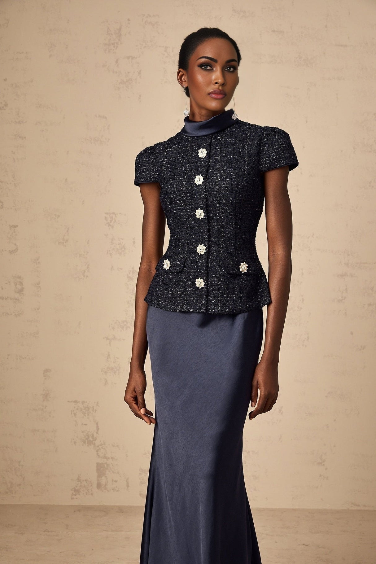 Malia Maxi Dress in Vivid Navy with Sleek Satin Finish & Detachable Skirt Panel