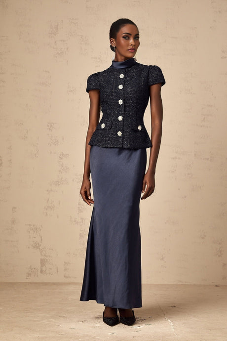Malia Maxi Dress in Vivid Navy with Sleek Satin Finish & Detachable Skirt Panel