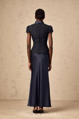 Malia Maxi Dress in Vivid Navy with Sleek Satin Finish & Detachable Skirt Panel
