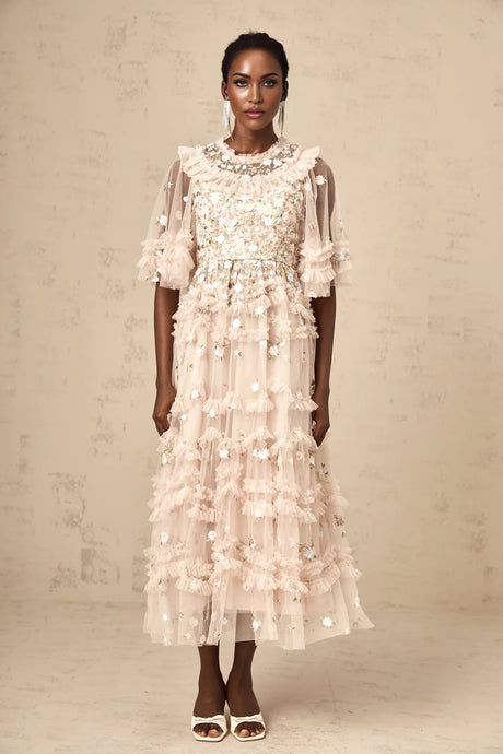 Malia Midi Dress Floral - Embroidered Tiered Ruffle & Back Zipper