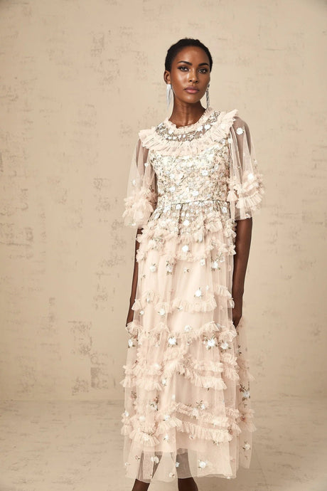 Malia Midi Dress Floral - Embroidered Tiered Ruffle & Back Zipper