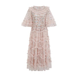 Malia Midi Dress Floral - Embroidered Tiered Ruffle & Back Zipper