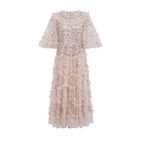 Malia Midi Dress Floral - Embroidered Tiered Ruffle & Back Zipper