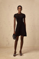 Malia Mini Dress Black Wavy Crochet Texture Scalloped Hem & Tulle Panel