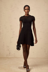 Malia Mini Dress Black Wavy Crochet Texture Scalloped Hem & Tulle Panel