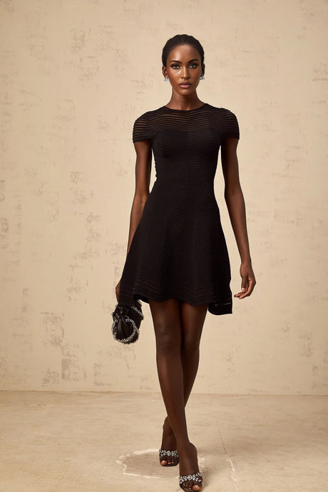 Malia Mini Dress Black Wavy Crochet Texture Scalloped Hem & Tulle Panel