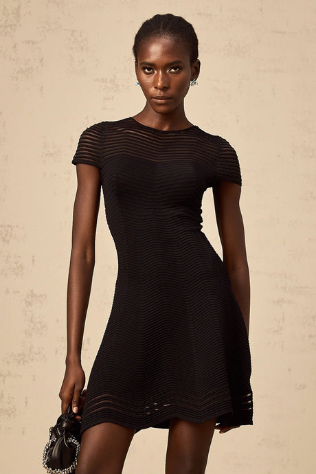 Malia Mini Dress Black Wavy Crochet Texture Scalloped Hem & Tulle Panel