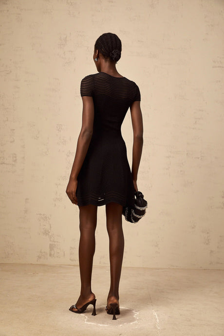 Malia Mini Dress Black Wavy Crochet Texture Scalloped Hem & Tulle Panel
