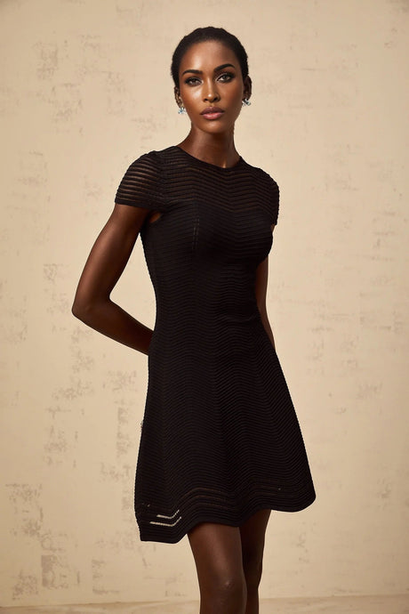 Malia Mini Dress Black Wavy Crochet Texture Scalloped Hem & Tulle Panel