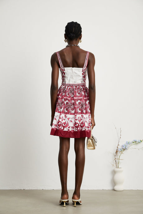 Malia Mini Dress Red & White Graphic Print Flare