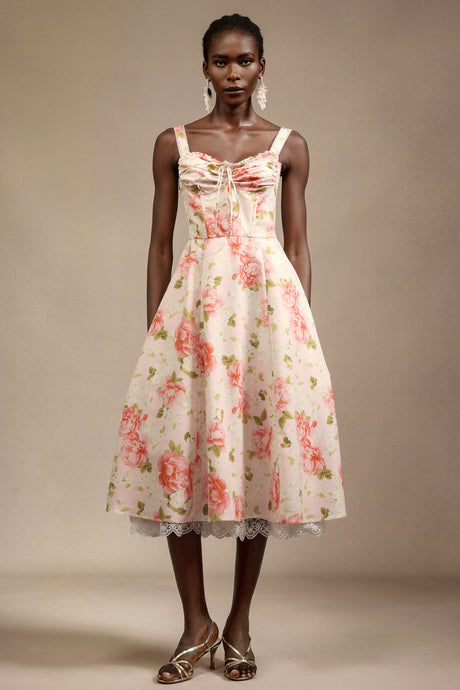 Malia Pink Floral Halter Midi Dress with Bowknot Detail and Lace Trim