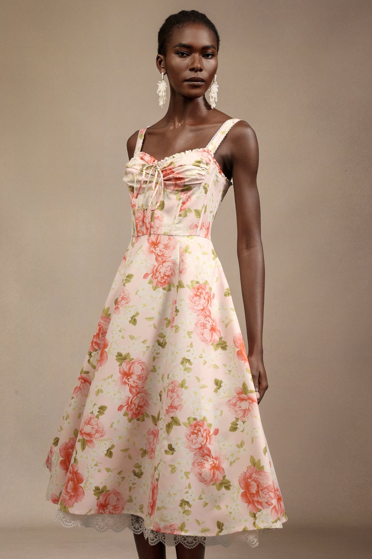 Malia Pink Floral Halter Midi Dress with Bowknot Detail and Lace Trim