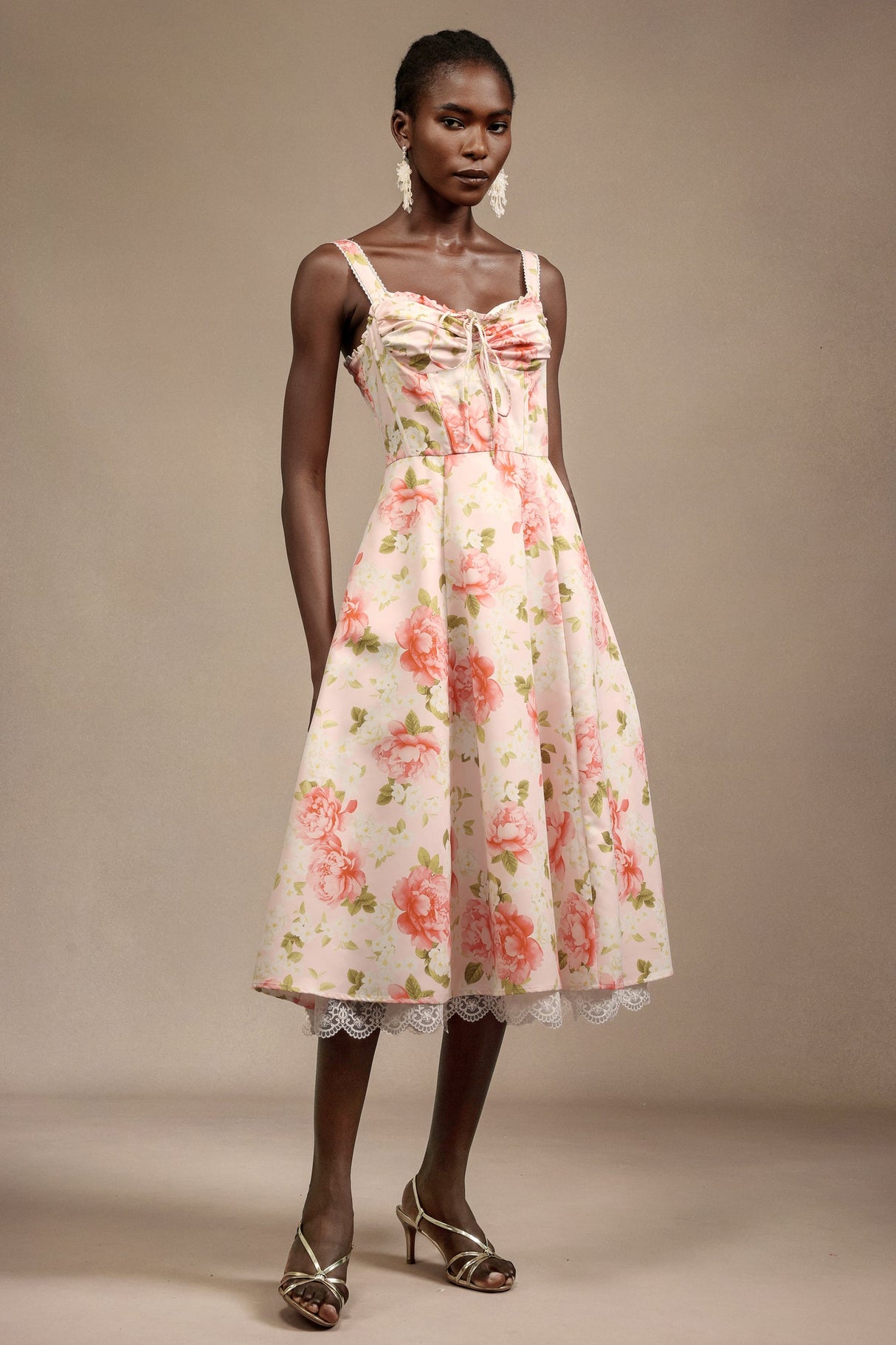 Malia Pink Floral Halter Midi Dress with Bowknot Detail and Lace Trim