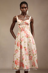 Malia Pink Floral Halter Midi Dress with Bowknot Detail