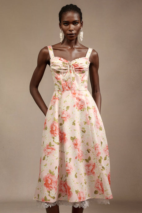 Malia Pink Floral Halter Midi Dress with Bowknot Detail