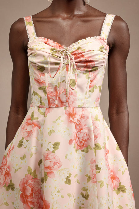 Malia Pink Floral Halter Midi Dress with Bowknot Detail