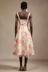 Malia Pink Floral Halter Neck Midi Dress with Bowknot Detail and Lace Trim