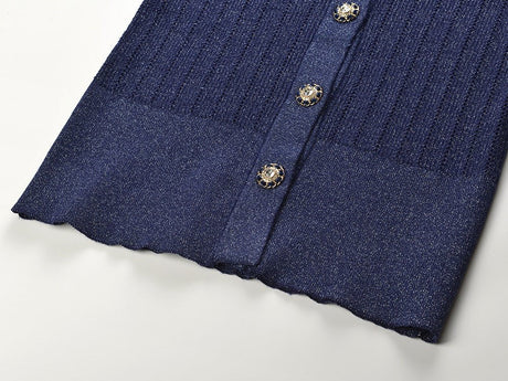 Malia Ribbed V - Neck Top – Shimmer Detail – Decorative Buttons – Fitted Knit Design